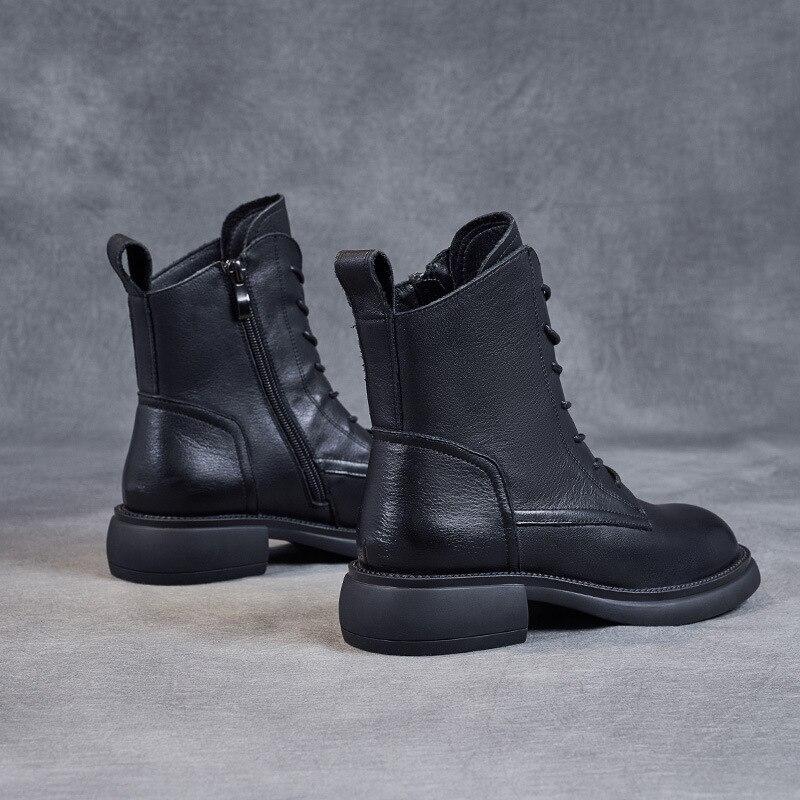Johnature Genuine Leather Shoes Women Boots Zip Round Toe Flat With Handmade Retro Lace-up Sewing Casual Platform Boots