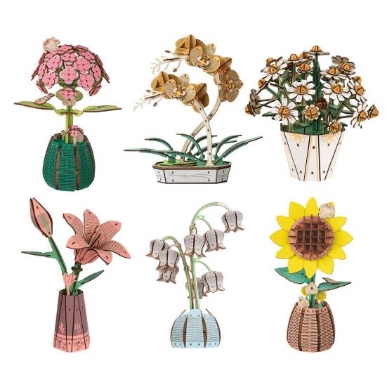 Wooden 3D Puzzle Flower DIY Handmade Potted Sunflower Lily Hydrangea Moth Orchids Bell Flower Jigsaw Decoration Floral Plants Building Crafts Kit