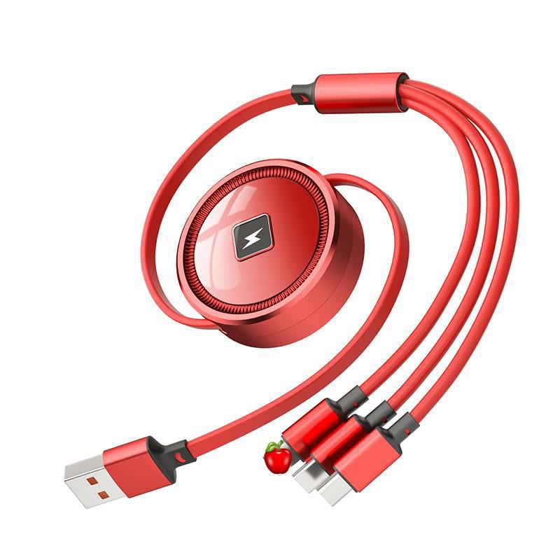 66W Fast-Charging Retractable 3-in-1 Data Cable with Storage & Electroplated Type-C