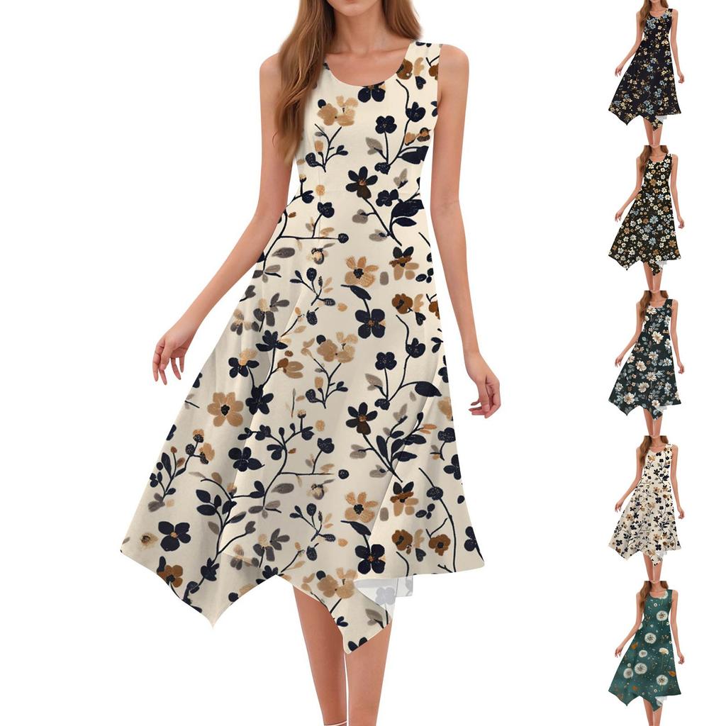 Women's Casual Fashion Round Neck Sleeveless Floral Print Irregular Hem Midi Dress