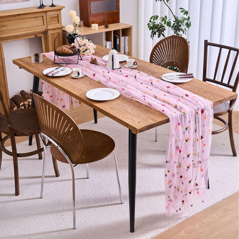 

French Flower Embroidery Lace Table Runner Romantic Pleated Wedding Dining Table Decoration Solid Long Tablecloth for Banquet 100x150cm 2pcs світло-рожевий колір