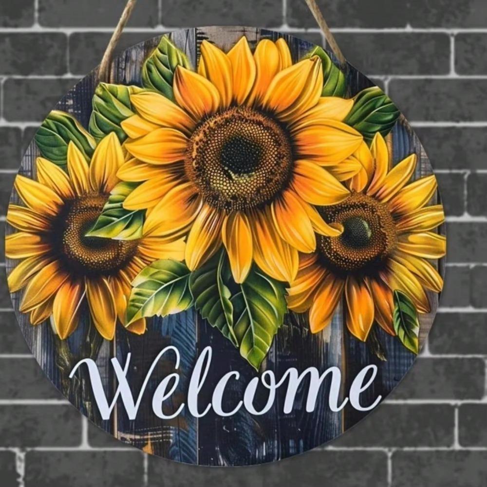 Iron Sign Welcome Round Sunflower Floral Cafe Office Wall Decor