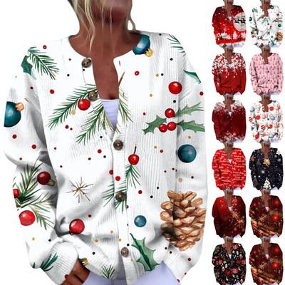 Women's Fashion Christmas Printed Long Sleeve Knitted Cardigan Button Down Jacket