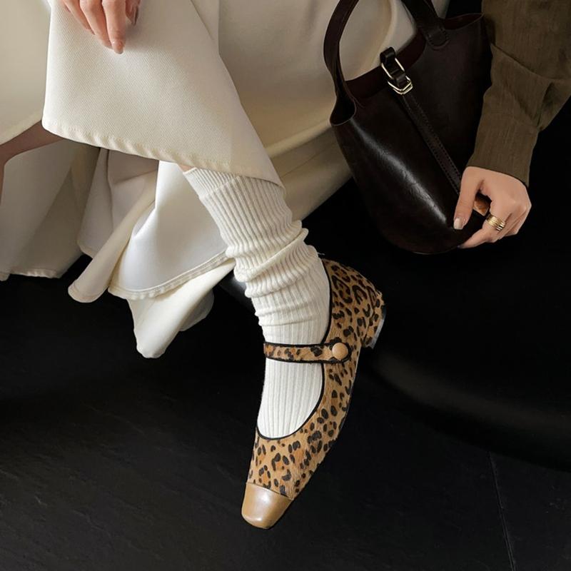 Mode NEU Herbst/Frühling Damen Pumps Eckige Zehenpartie Niedriger Absatz Schuhe Pferdehaar Schuhe Damen Prägnant Flach Slipper Leopard Mary Janes Schuhe