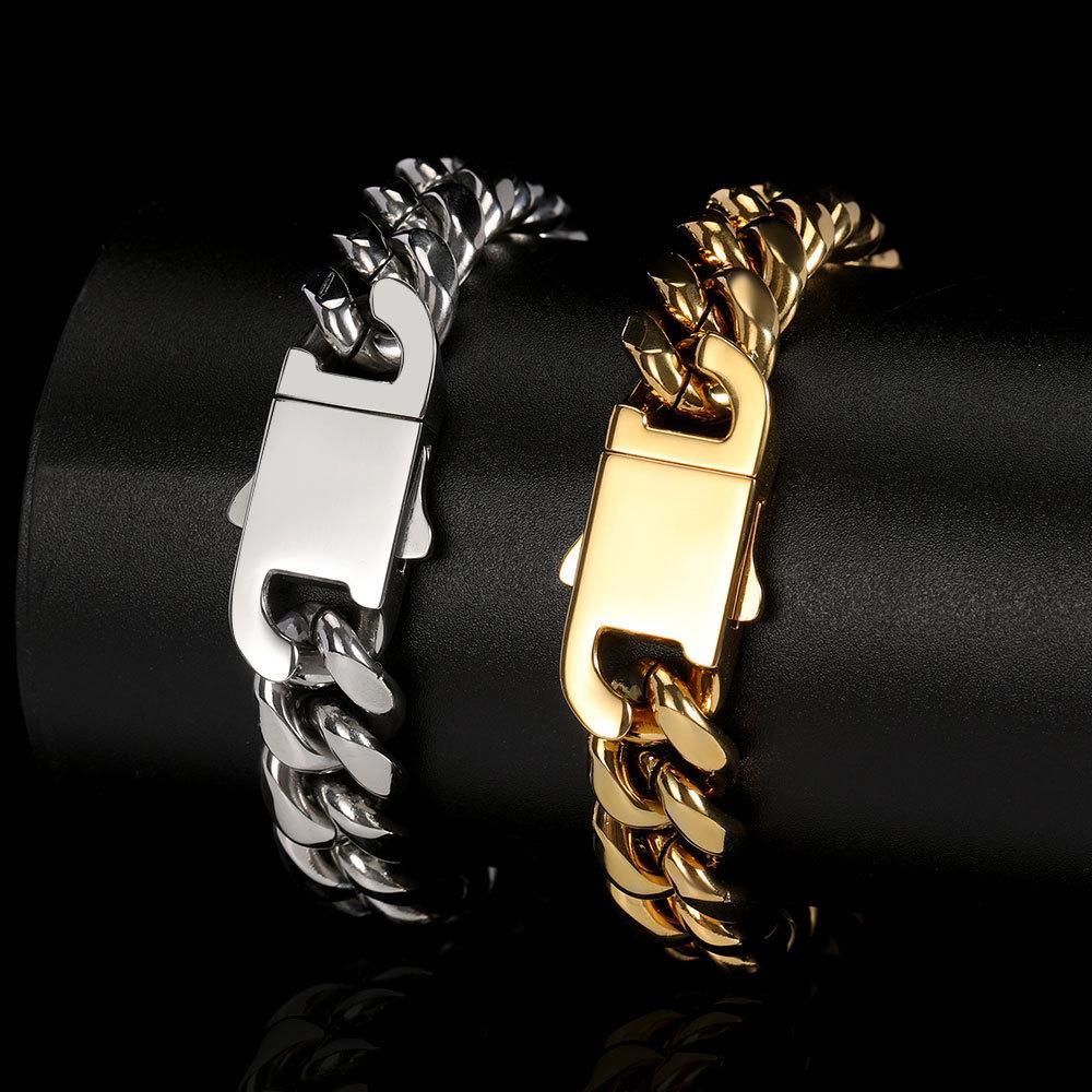 European And American Hip-Hop Stainless Steel Bracelet Spring Buckle Round Mill Encrypted Titanium Steel Men'S Bracelet Jewelry