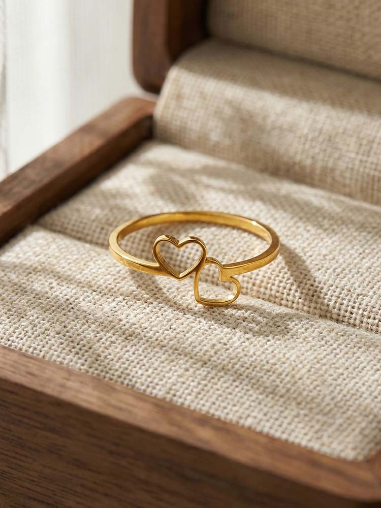Double Heart Rings for Women, Stainless Steel Promise Ring Rustproof Jewelry