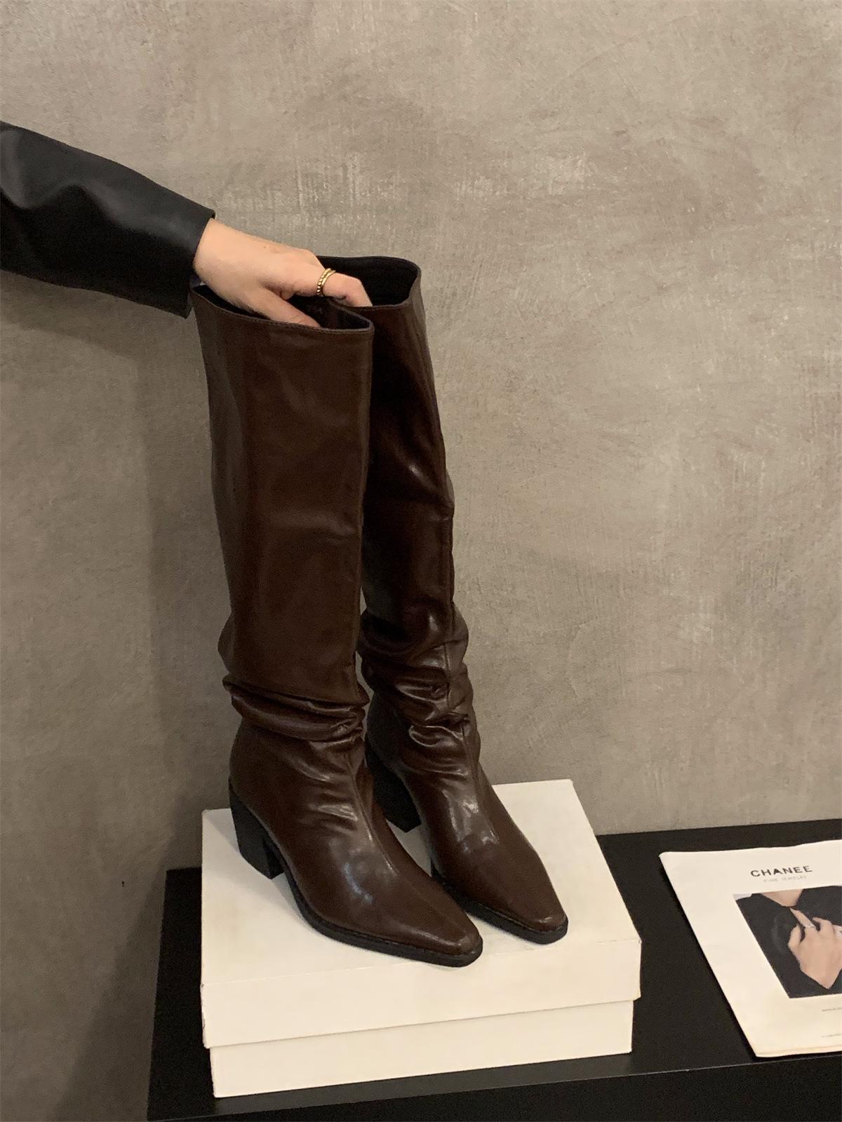 High Heel Pointed Pile Over Knee Boots Long Knight Boots New Season Brown Skinny Long Boots 40 коричневый 4080₽