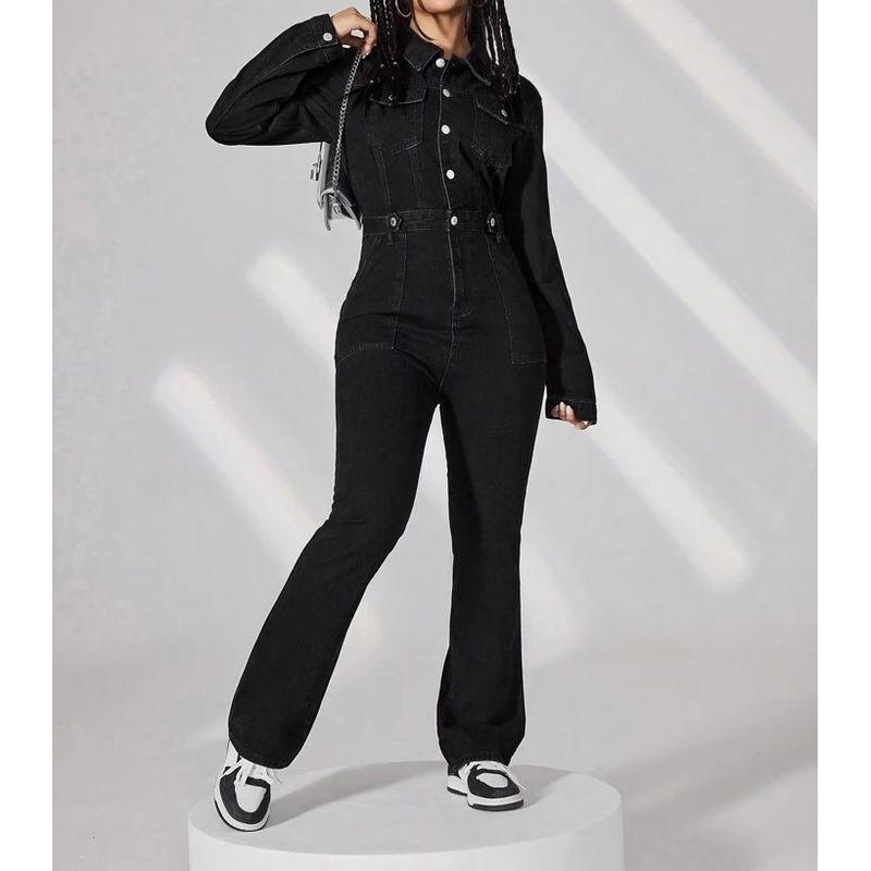 

Экспорт Однопружинный Новинка Длинные рукава Качество Легче всего сочетать Двубортный Деним Стильная мода Черный Клеш Цельный брючный костюм Black S