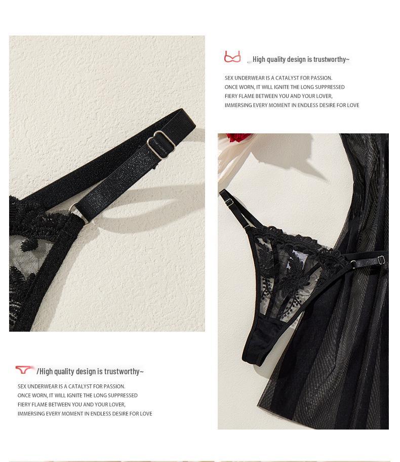 Multi-Color Bow Wheat Ear Embroidered Deep V See-Through Lingerie Set with T-Back