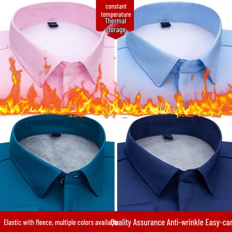 Men's Winter Plus Velvet Stretch Business Shirt - Cozy One-Piece, Solid Color, Thickened for Comfort