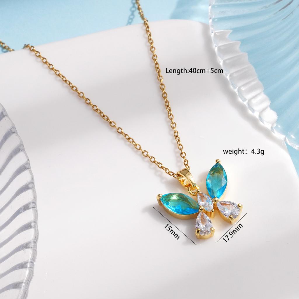 Sweet Colorful Zircon Butterfly Pendant Necklace Cute Stainless Steel Chain Jewelry Gifts for Women Teen Girls