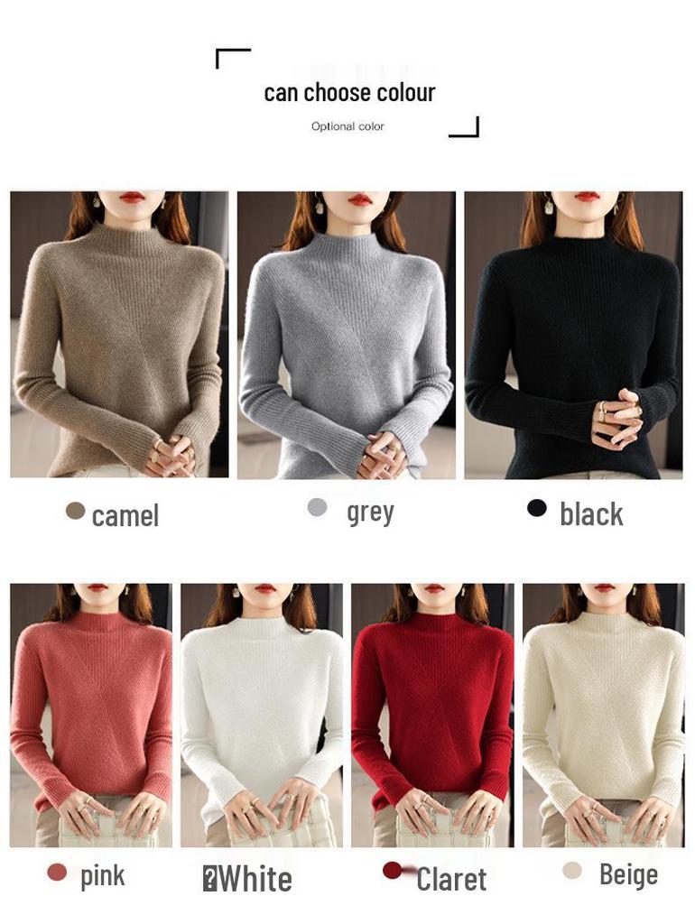 Women's High Neck Slim Fit Wool Sweater - Stylish, Thick, Versatile Long Sleeve Knitwear for Autumn and Winter