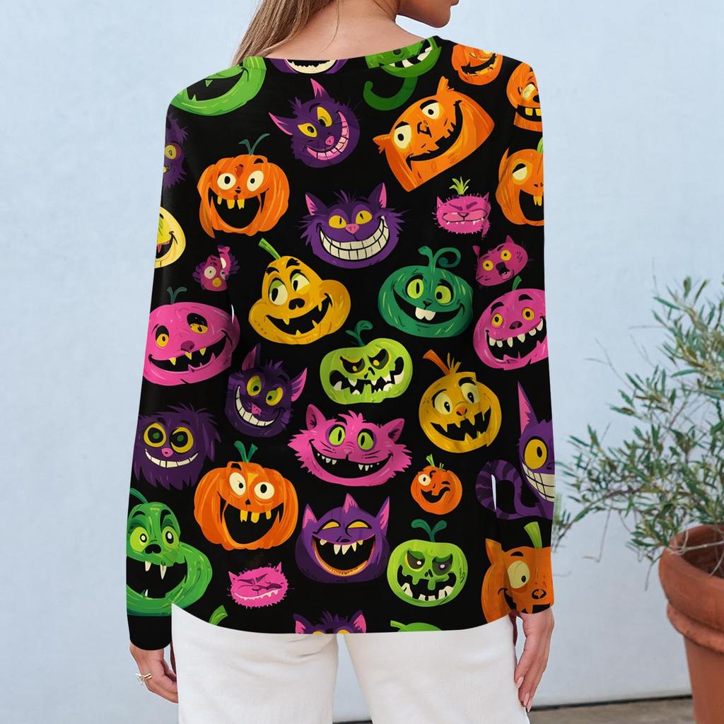 Modisches, lässiges Langarm-Oberteil mit Rundhalsausschnitt und Halloween-Print für Damen