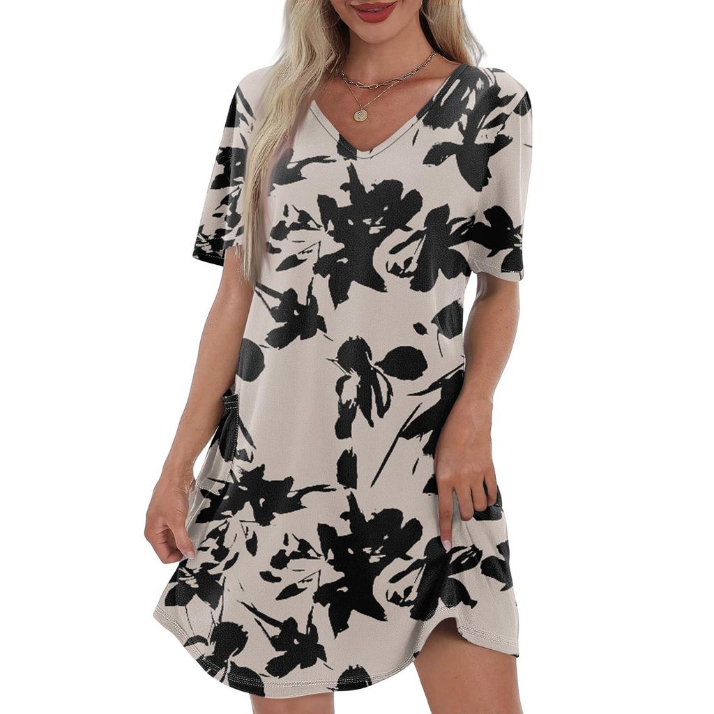 Lässiges und modisches Damenkleid mit V-Ausschnitt, kurzen Ärmeln und mittellanger Länge