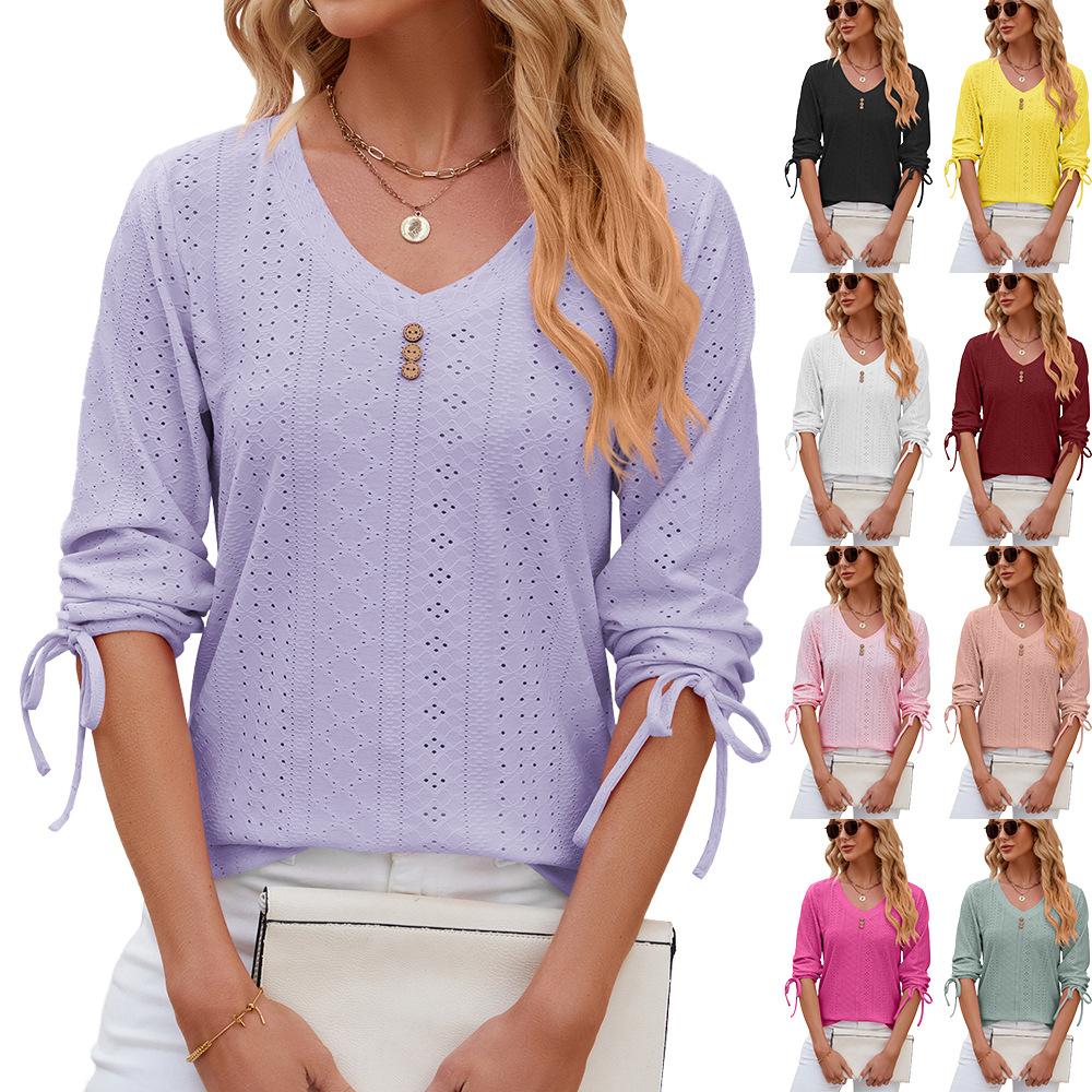 Europe, America spring and summer new button V-neck solid color medium sleeve loose T-shirt top women's clothing