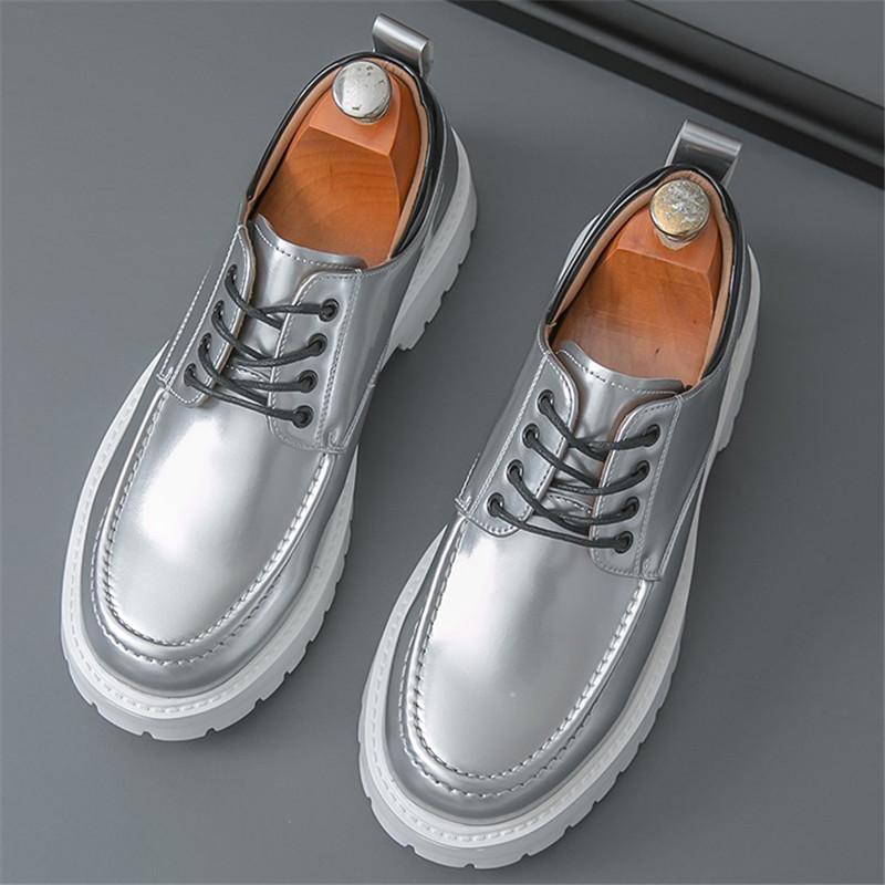 Fashion Fashoin New Men Pointed Black Silver Black Lace Up Height Increasing Casual Leather Shoes Wedding Dress Formal Flats Footwear