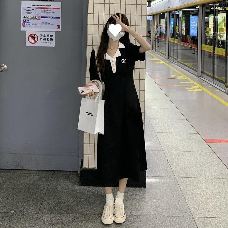 Temperament Polo Collar Black Dress Women's Summer New Mid-length Dress Niche Design Skirt