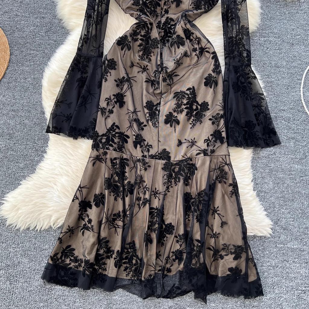 Summer Elegant Embroidery Flower Mermaid Evening Party Dress Women Long Flare Sleeve Cup Padded V Neck One Piece Mesh Folds Prom Robe