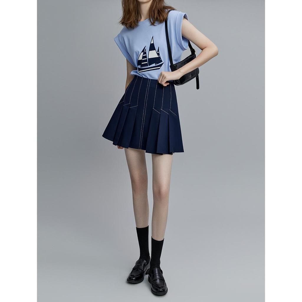 ELLE Design Women's Elegant Pleated High-Waisted A-Line Skirt, Summer 2025 Petite Slimming Short Skirt