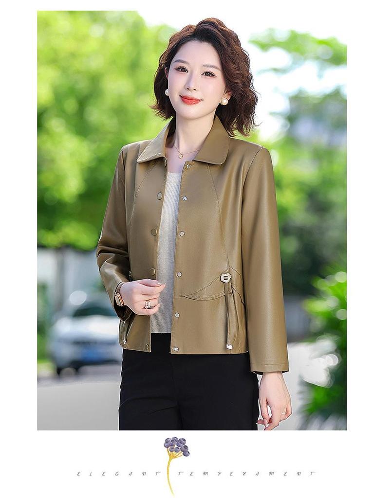 New Hot Style PU Leather Jacket for Middle-Aged and Elderly Women - Petite Spring and Autumn Suit Jacket