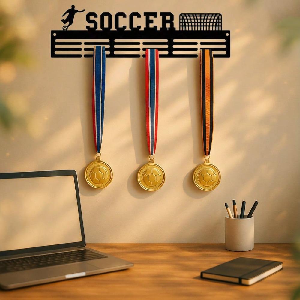 Black Iron Medal Hanger Soccer Fan Wall Art, Minimalist Home Decor, Rustproof Sports Award Display Rack With Hooks, Living Room Bedroom Gift