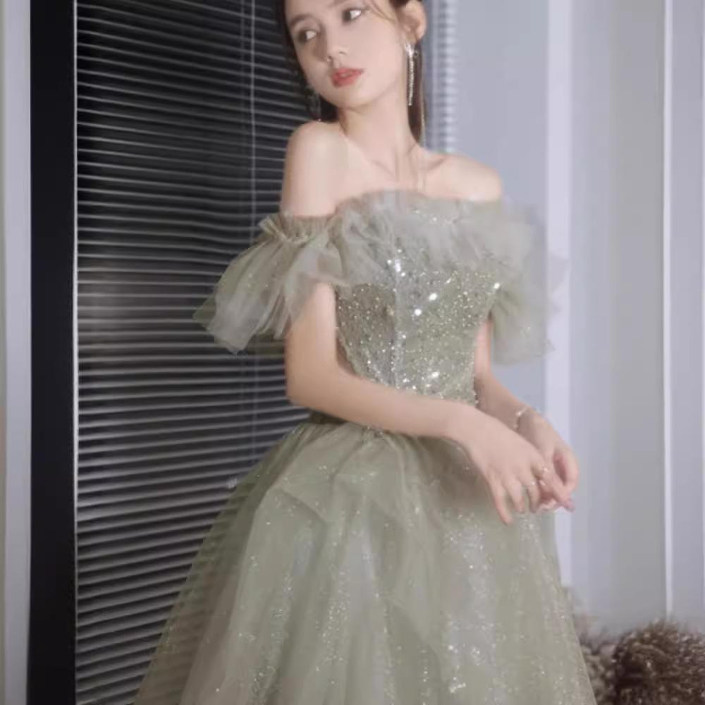 Green Evening Dress 1011 New Shoulder Small Skinny Host Temperament Fairy Mori Adult Dress Skirt