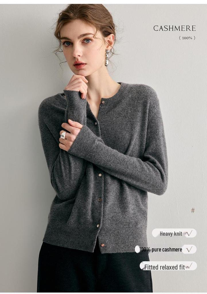 Women's 100% Pure Cashmere Round Neck Knit Cardigan - Loose, Versatile, Solid Color, Long Sleeve, Warm Autumn/Winter Outerwear