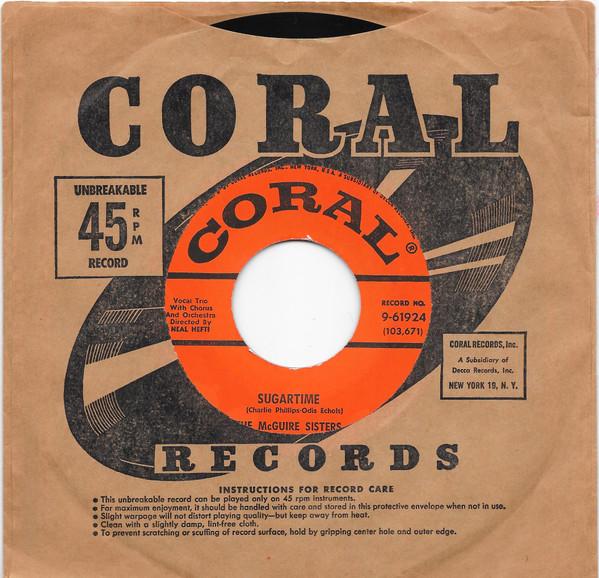 

7inch Record MCGUIRE SISTERS Sugartime Banana Split 961924 Coral 1958 US Pop Used