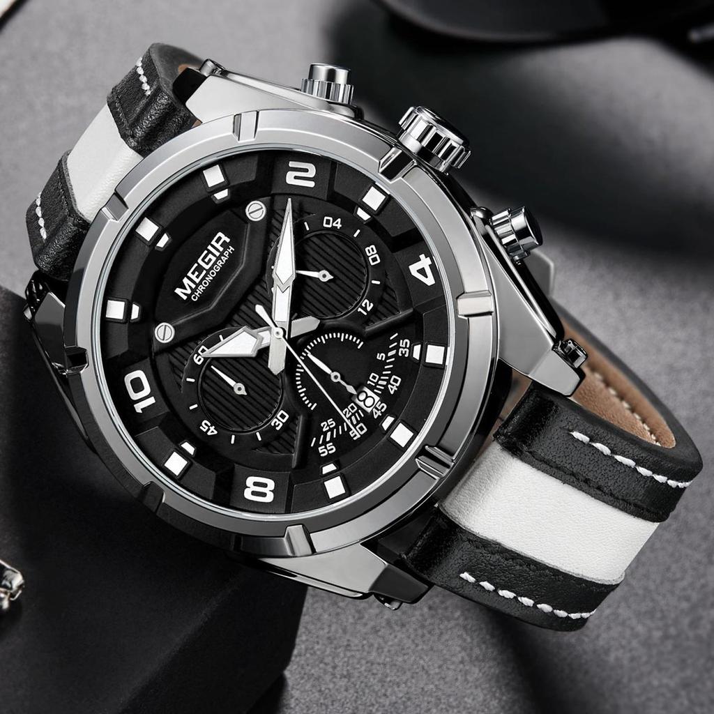 Megir Outdoor Sports Quartz Watches Men Top Luxury Brand Chronograph Leather Waterproof Wristwatches