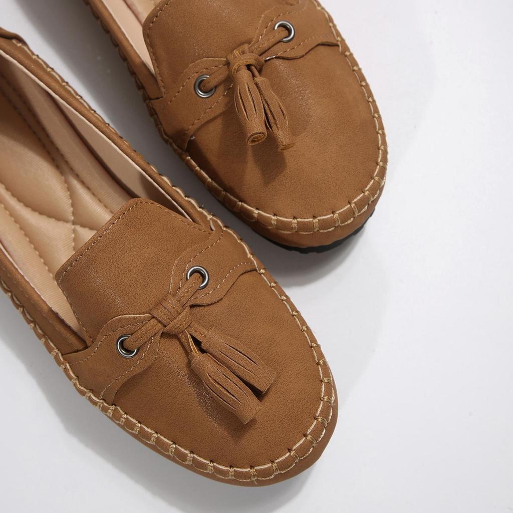 Mokasyny damskie czarne z kokardą i frędzlami na wiosnę/jesień 2025 - miękka podeszwa, wsuwane baleriny dla wygody