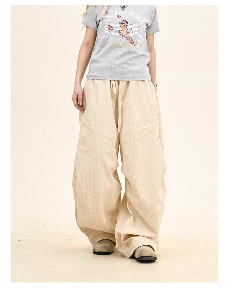 

Women s High Waist Retro Striped Wide Leg Pants: Casual, Loose, Slimming, Lazy Style, Color Block Design Medium абрикосовый