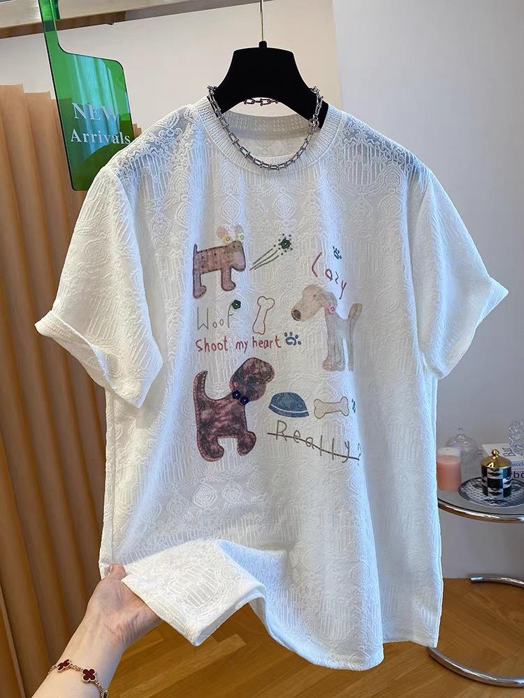 240 Jin Women's White Puppy Jacquard Short-Sleeve T-Shirt - 2026 New Summer Loose Casual Top