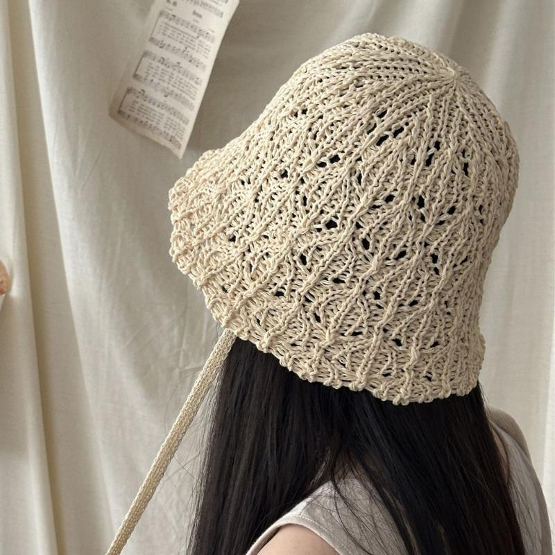 Japanese Hollow Knitted Lace Up Hat for Women's Spring and Summer Sun Shading and Sun Protection Hat Breathable Face Enhancing Small Bucket Hat