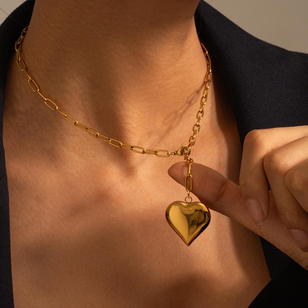 Youthway New Stainless Steel Three-Dimensional Chubby Heart Paper Clip Chain Bracelet Necklace Set Golden Jewelry For Women