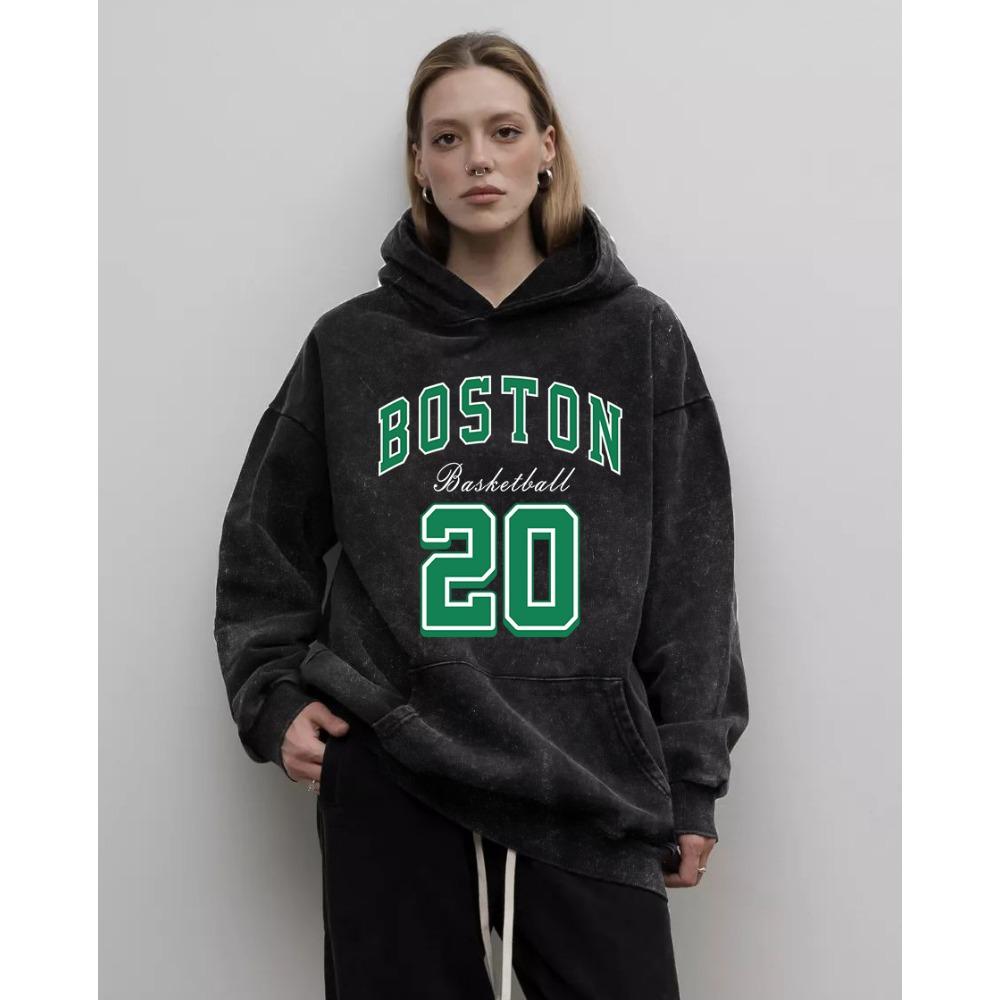 Retro Boston Kunst Bokstavtrykket Vasket Hettegenser Dame Mote Hettegenser Allsidig Oversized Hettegensere Bomullsklær