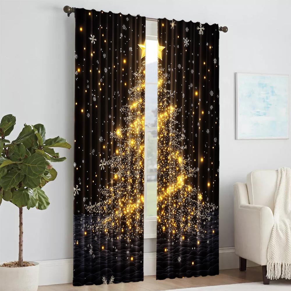 Set aus 2 Goldfarbenen Weihnachtsbäume Druck Vorhängen Stangenloch Design Einfaches Aufhängen Perfekt Wohnzimmer Schlafzimmer Büro Polyester Hausgemacht Großes Fenster