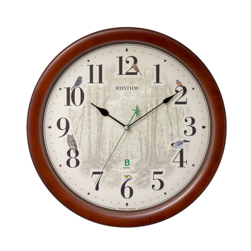 RHYTHM 8MN412SR06 Radio-Controlled Wall Clock with Bird Chimes, Brown Wood Frame