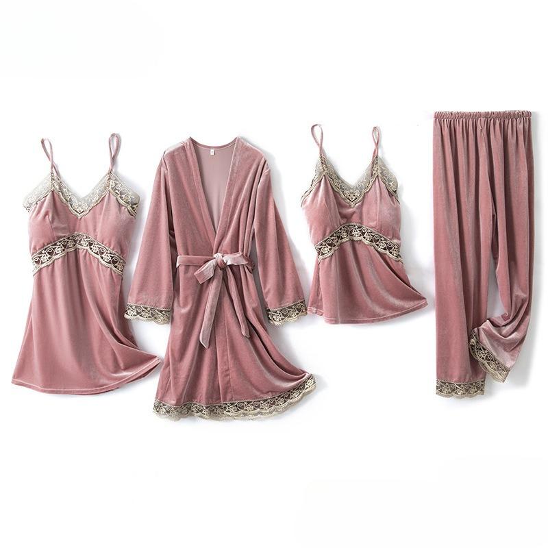 

Women’s Pleuche Pajama Set Spring Autumn Winter Camisole Nightgown, Long Pants and Robe Four-Piece Loungewear Wearable Outdoors XL рожевий