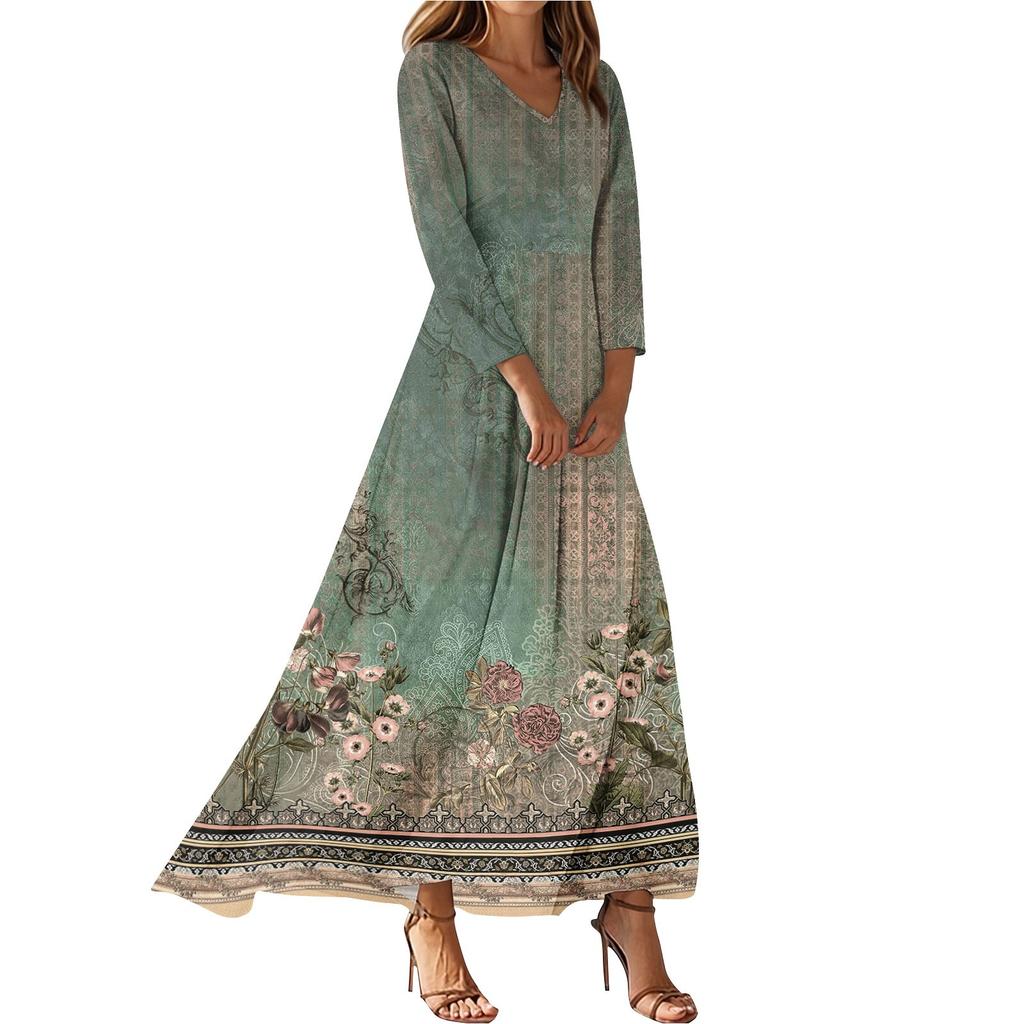 Kjoler For Damer Vintage Blomst Tunika Midjet Midi Kjole Sommer Casual 3/4 Ermet Kjole