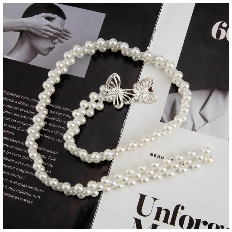 Pearl Waist Chain - Women's Double Butterfly Buckle Elastic Slim Belt