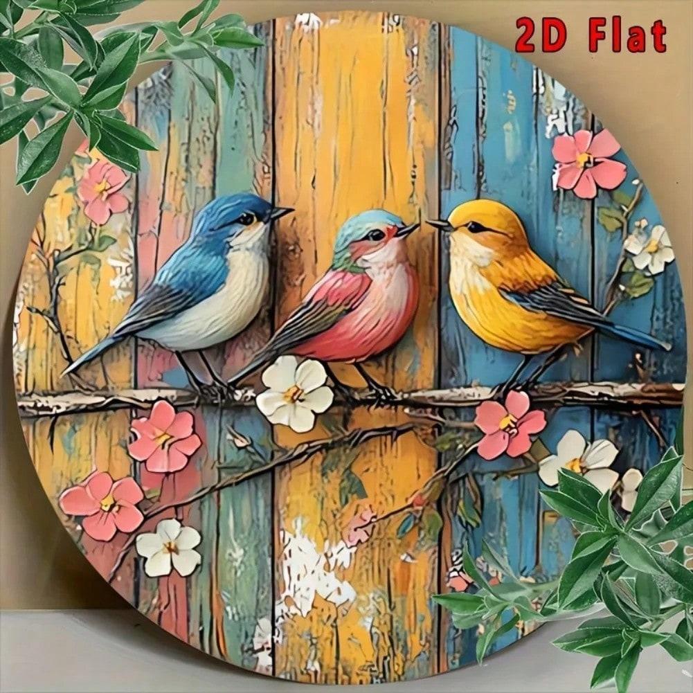 

Vintage Rustic Wooden Background Round Aluminum Sign Colorful Birds Flowers Metal Wall Art 20x20