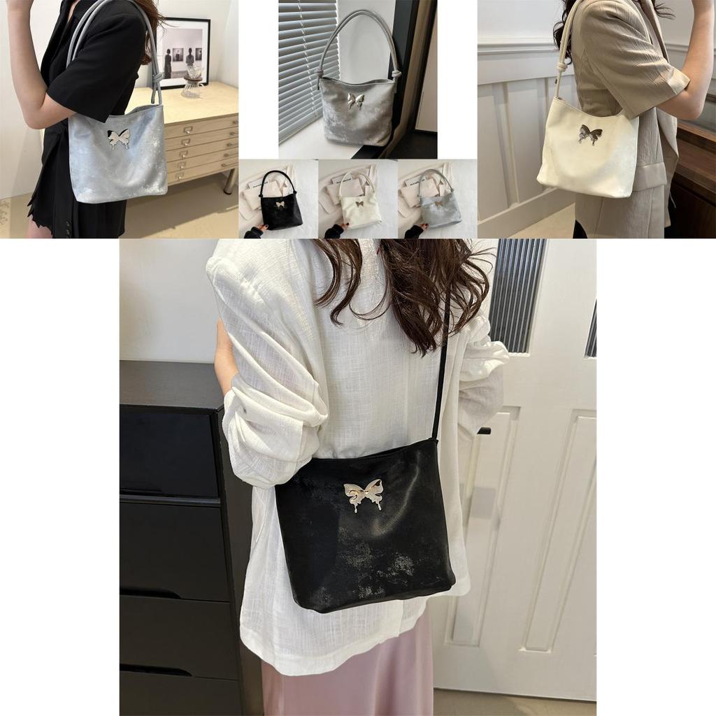 Stylish Large Capacity Women's Bucket Tote Bag With Fashionable Butterfly Design Perfect For Daily Commuting In Black White And Gray Colors