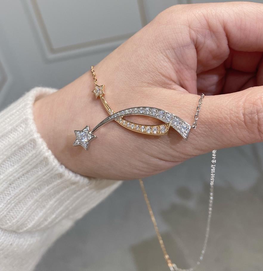New Hot Brand Vintage Necklace Gifts For Weeding Luxury Jewelry For Women Pink Gold Zircon 2 Star Comet Pure 925 Sliver Pendant