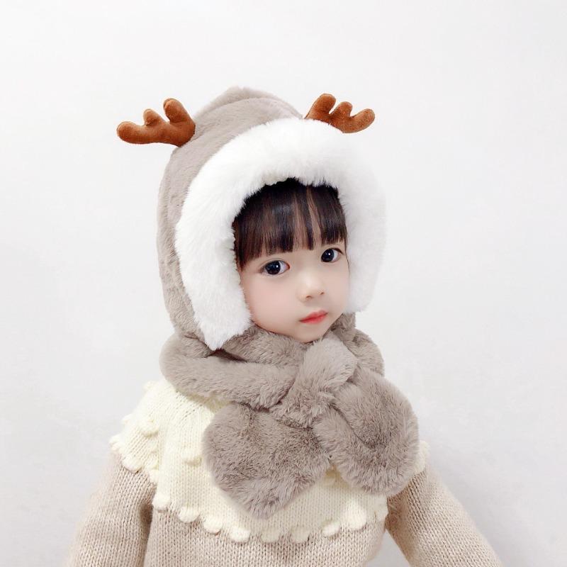 Winter new children's hats and scarves integrated boys and girls warm plush baby antlers ear hat cartoon