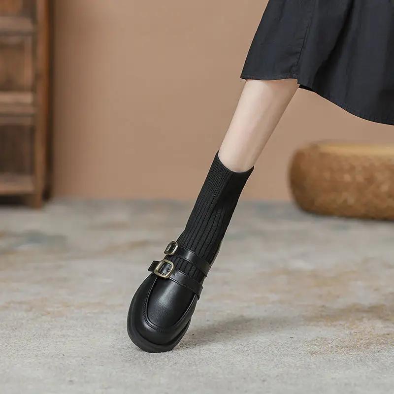 Fashion Elegant with Medium Heels Short Shoes for Woman Sock Booties Round Toe Women's Ankle Boots Brown Elastic Footwear Spring Autumn