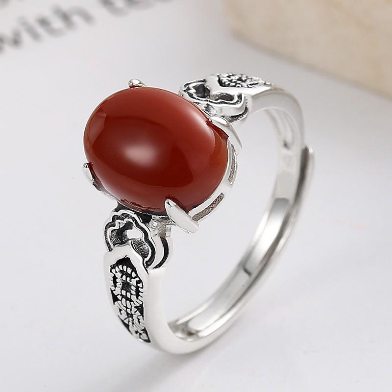 Adjustable Copper Ring With Red Agate Cabochon Motif Vintage Boho Jewelry Women Men