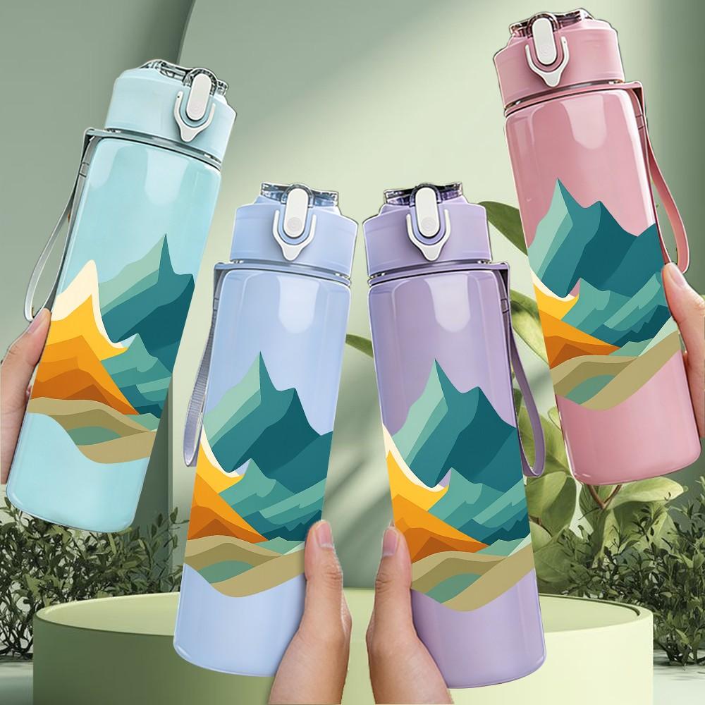 1PC Mountain Peak Minimal Landscape 750ml Color Plastic Sports Water Bottle Leakproof Flip Straw Lid Suitable for Sports Office Home Use