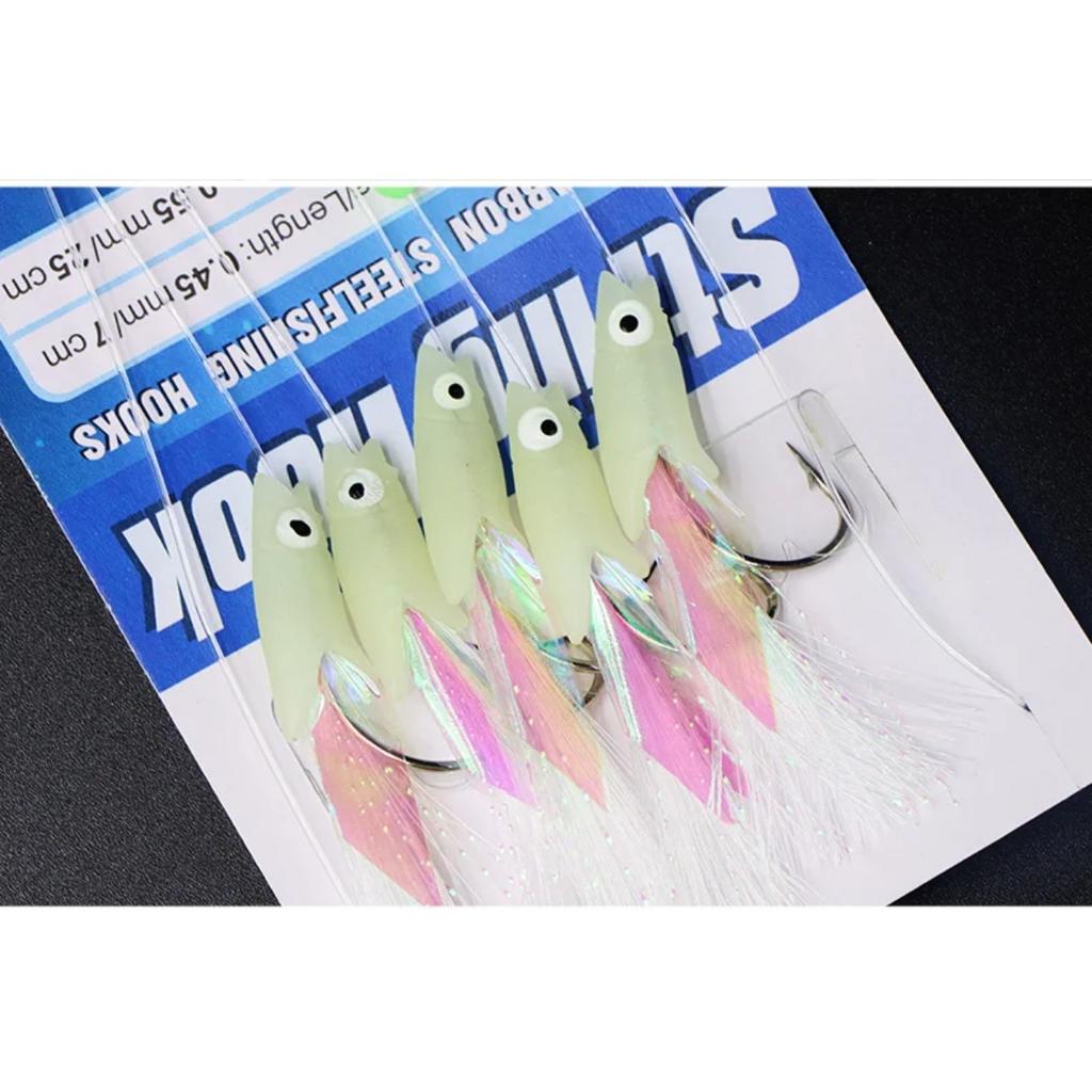 MIX 5PCS/BAG 5 Hooks Sabiki Rigs Saltwater Fishing Lures Bait Rigs Real Fish Skin String Hook Mackerel Glow Sabiki Rigs