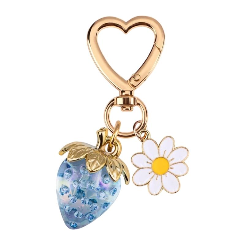 Romance Heart Shaped Resin Keychain With Strawberry Daisy Designs Portable Sturdy for Keys Bags Gifts