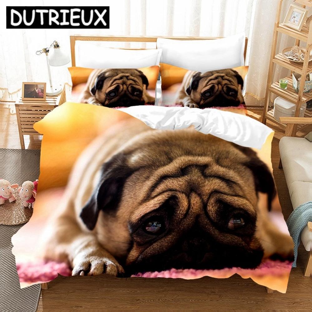 Cute Pugs 3D Duvet Cover King Size Animal Dog Printed Black White Quilt Cover Pillowcase Set Custom Bed Linen Kids Bedding Set